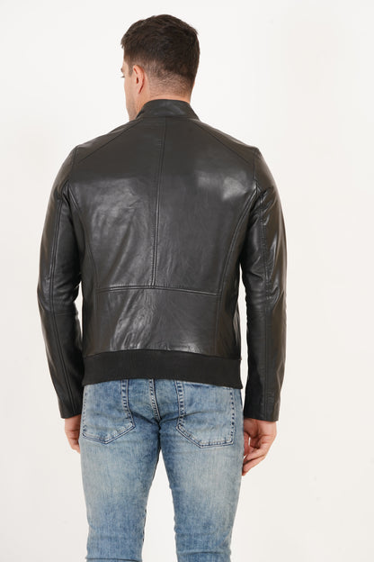 100% Leather Stand Bomber Jacket | MX53