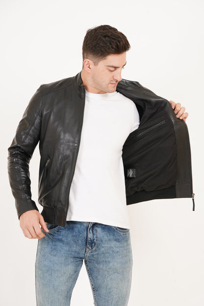 100% Leather Stand Bomber Jacket | MX53