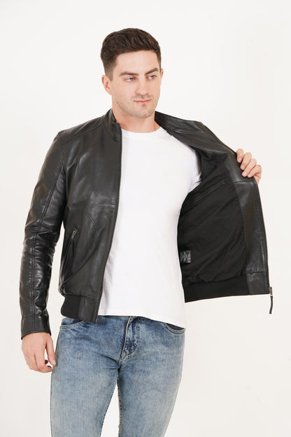 100% Leather Stand Bomber Jacket | MX53