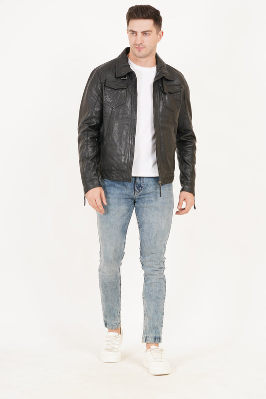 100% HEAVY WASHED SILVY COLLAR JACKET - BLACK | MX92