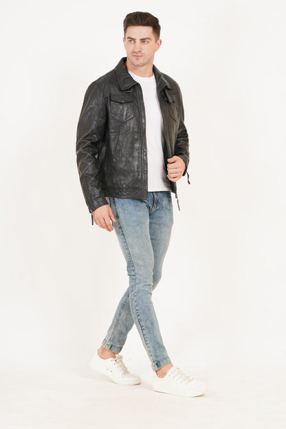 100% HEAVY WASHED SILVY COLLAR JACKET - BLACK | MX92