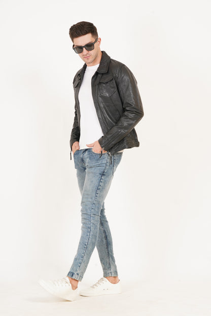 100% HEAVY WASHED SILVY COLLAR JACKET - BLACK | MX92