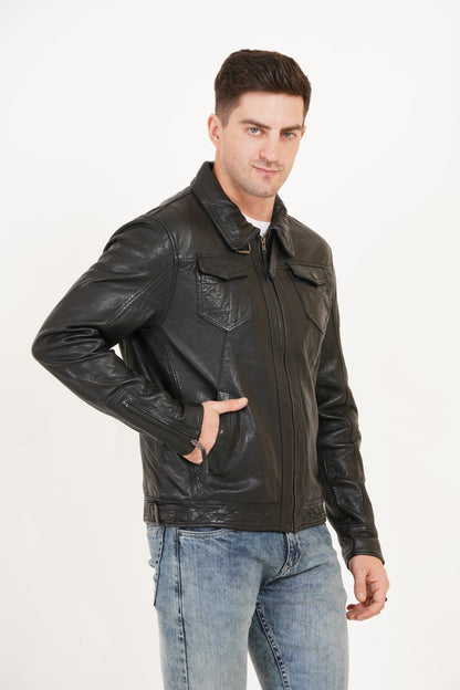 100% HEAVY WASHED SILVY COLLAR JACKET - BLACK | MX92