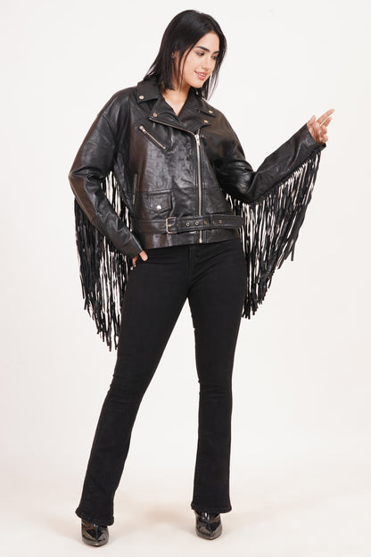 100% Leather Oversized Fringes Biker Jacket | WX014