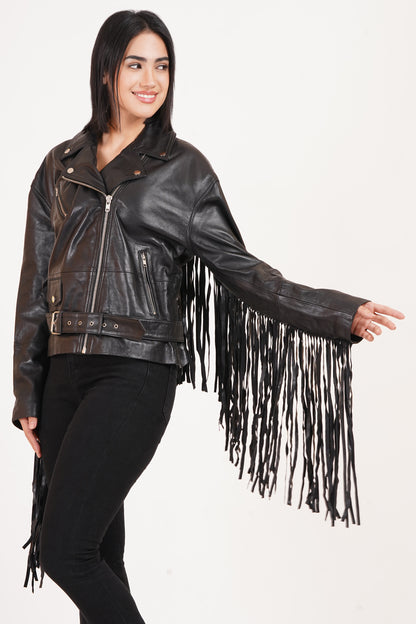 100% Leather Oversized Fringes Biker Jacket | WX014
