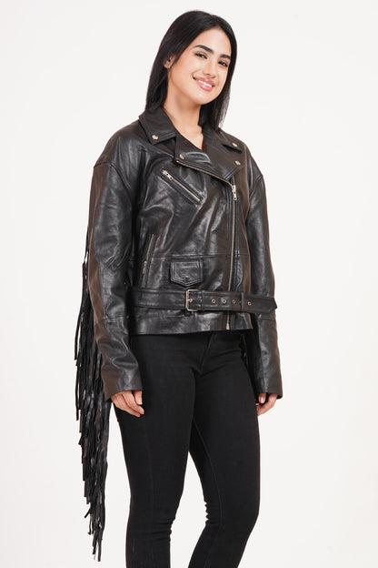 100% Leather Oversized Fringes Biker Jacket | WX014