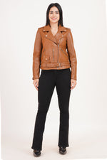 100%  Leather Motorcycle Flap Pocket Jacket - Cognac | WX88