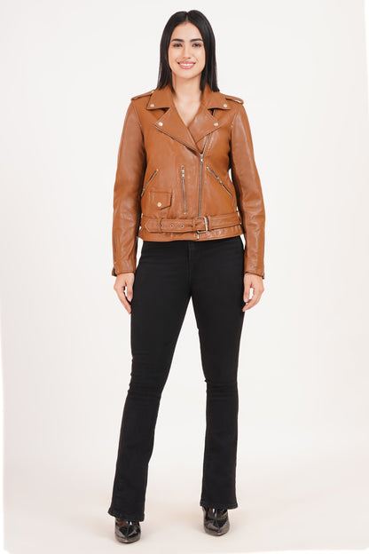 100%  Leather Motorcycle Flap Pocket Jacket - Cognac | WX88