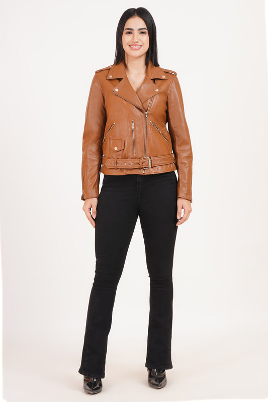 100%  Leather Motorcycle Flap Pocket Jacket - Cognac | WX88