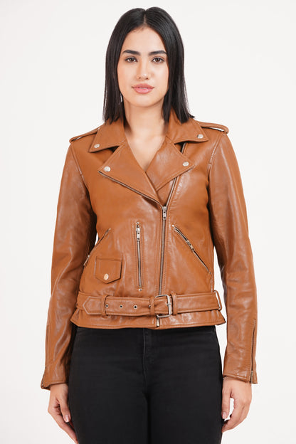 100%  Leather Motorcycle Flap Pocket Jacket - Cognac | WX88