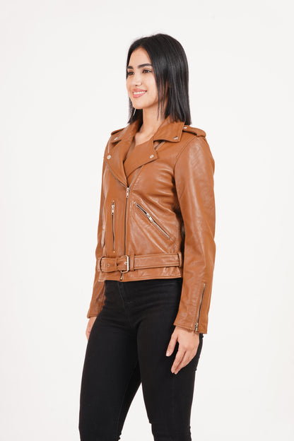 100%  Leather Motorcycle Flap Pocket Jacket - Cognac | WX88
