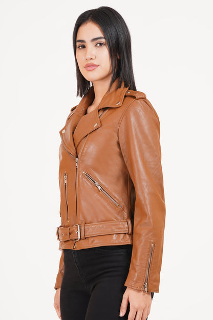 100%  Leather Motorcycle Flap Pocket Jacket - Cognac | WX88