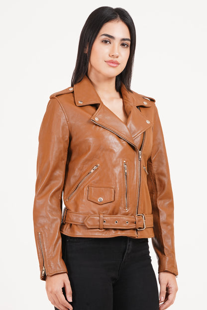 100%  Leather Motorcycle Flap Pocket Jacket - Cognac | WX88