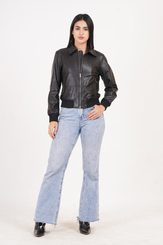 100% Washed Leather Collar Boomer Jacket | WX43