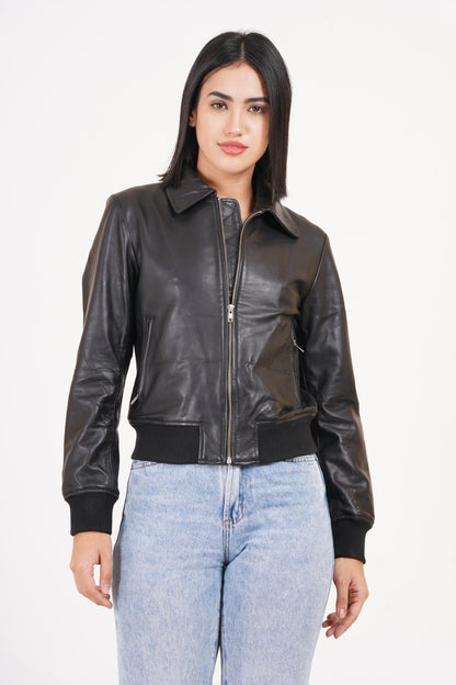 100% Washed Leather Collar Boomer Jacket | WX43