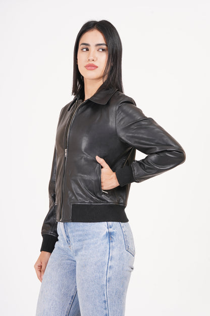 100% Washed Leather Collar Boomer Jacket | WX43