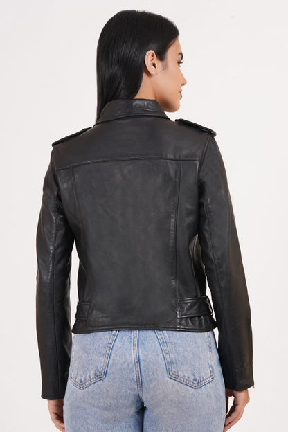 100%  Leather Motorcycle Flap Pocket Jacket - Black | WX88