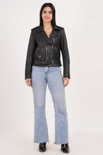 100%  Leather Motorcycle Flap Pocket Jacket - Black | WX88