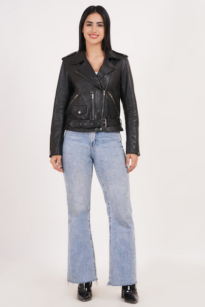 100%  Leather Motorcycle Flap Pocket Jacket - Black | WX88