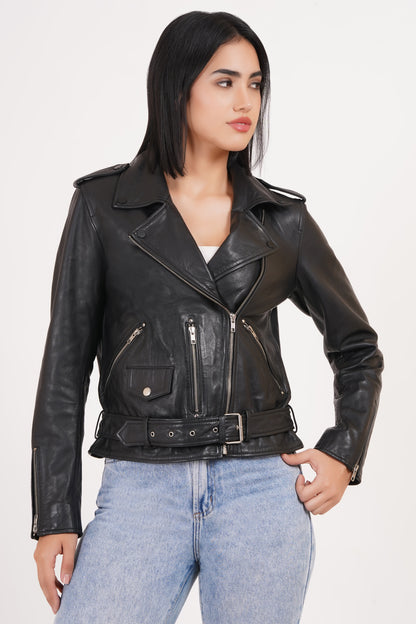 100%  Leather Motorcycle Flap Pocket Jacket - Black | WX88