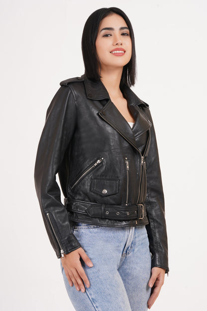 100%  Leather Motorcycle Flap Pocket Jacket - Black | WX88