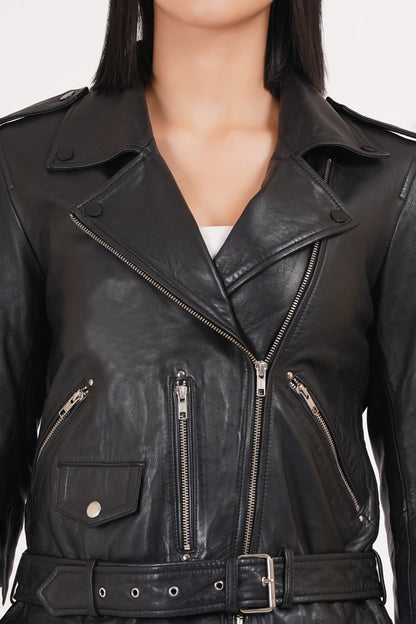 100%  Leather Motorcycle Flap Pocket Jacket - Black | WX88