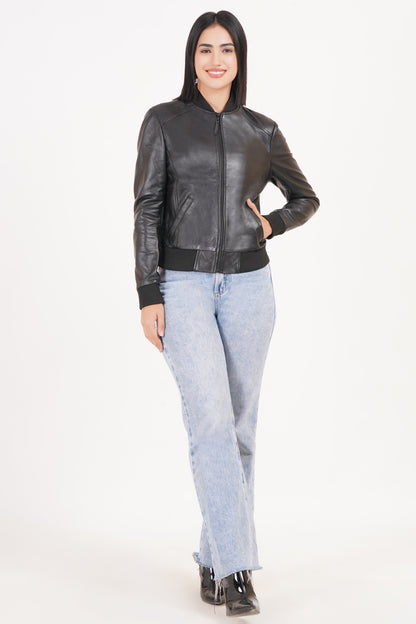 100% Washed Leather Rib Collar Bomber Jacket | WX97