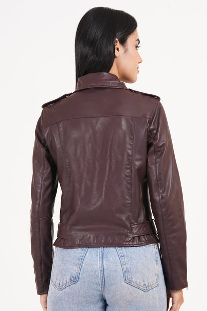 100%  Leather Motorcycle Flap Pocket Jacket - Burgundy | WX88