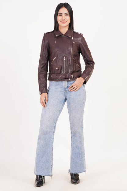 100%  Leather Motorcycle Flap Pocket Jacket - Burgundy | WX88