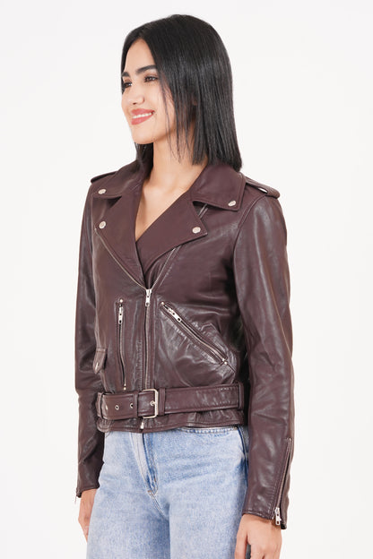 100%  Leather Motorcycle Flap Pocket Jacket - Burgundy | WX88