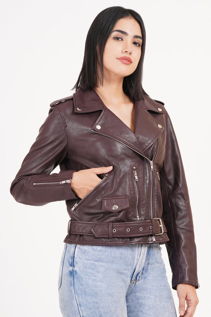 100%  Leather Motorcycle Flap Pocket Jacket - Burgundy | WX88