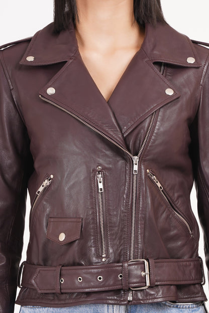 100%  Leather Motorcycle Flap Pocket Jacket - Burgundy | WX88