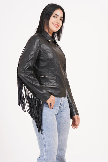 100% Leather Fringes Biker Jacket | WX32