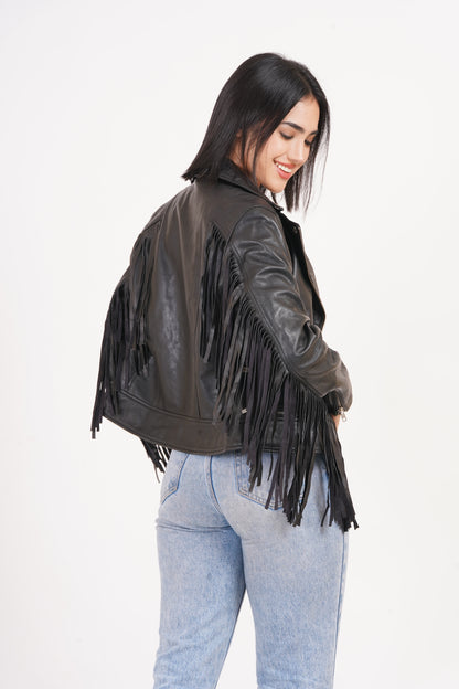 100% Leather Fringes Biker Jacket | WX32