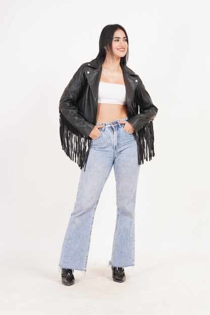 100% Leather Fringes Biker Jacket | WX32