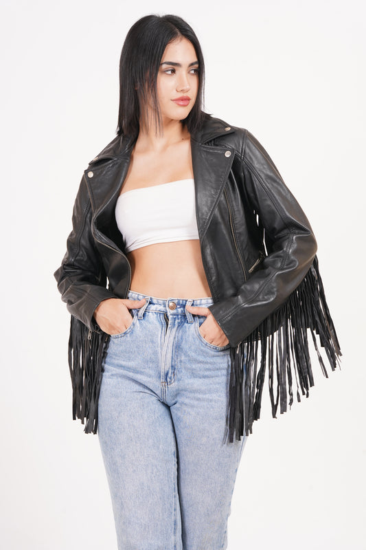 100% Leather Fringes Biker Jacket | WX32