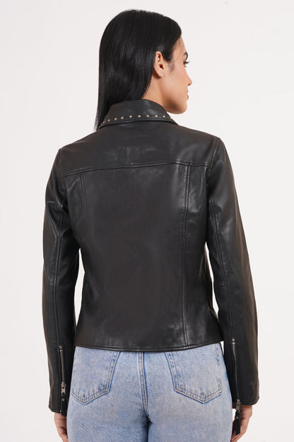 100% Real Lamp Leather Studs Collars Women Jacket | WX31