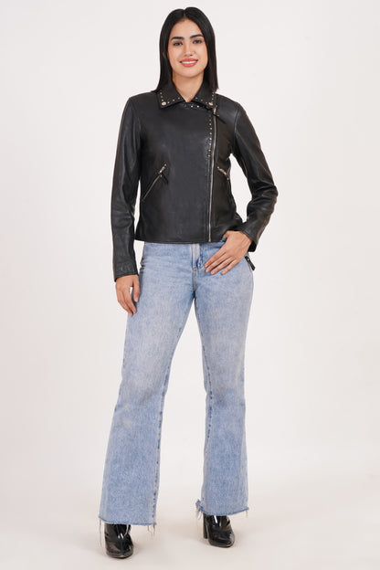 100% Real Lamp Leather Studs Collars Women Jacket | WX31