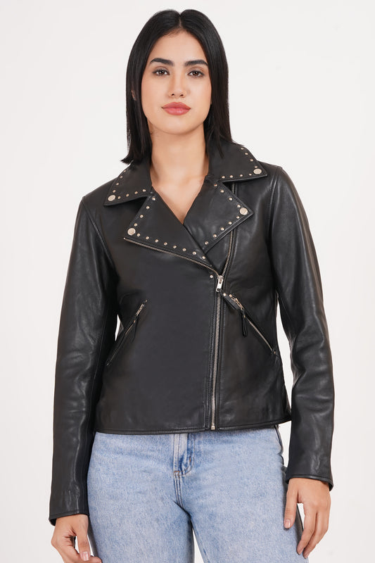 100% Real Lamp Leather Studs Collars Women Jacket | WX31