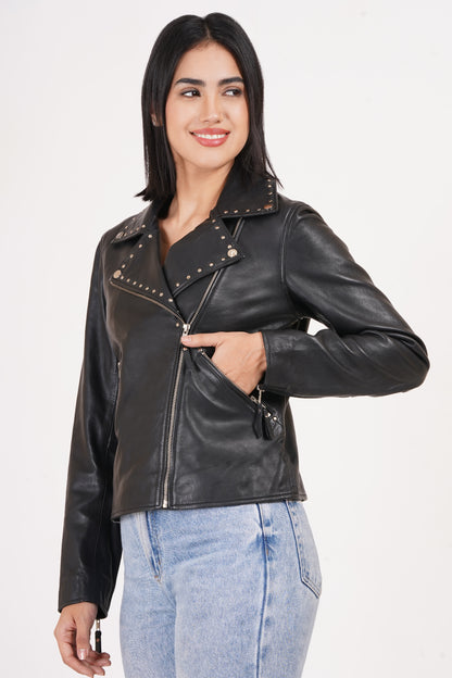 100% Real Lamp Leather Studs Collars Women Jacket | WX31