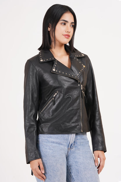 100% Real Lamp Leather Studs Collars Women Jacket | WX31