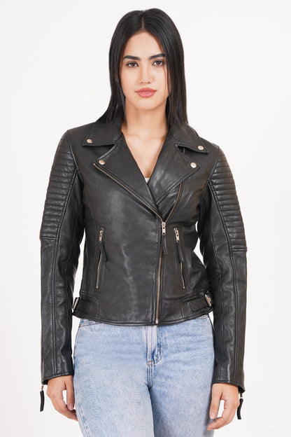 100% Leather Sleeve Padded Biker Jacket | WX34
