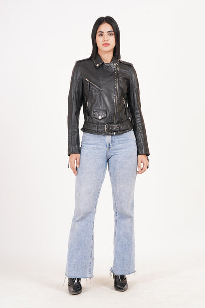 100% Leather Stud Biker Jacket | WX29