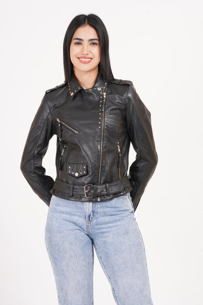 100% Leather Stud Biker Jacket | WX29