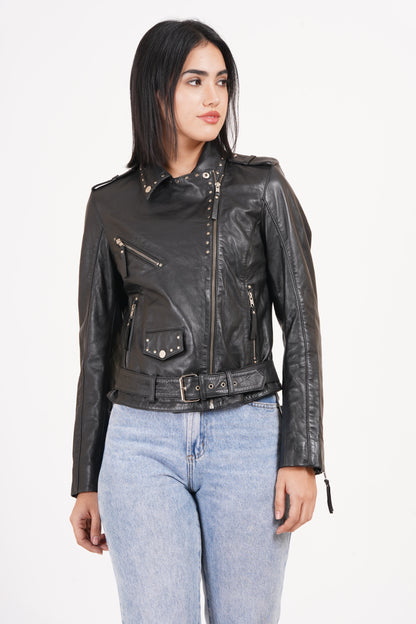 100% Leather Stud Biker Jacket | WX29