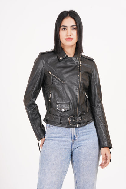 100% Leather Stud Biker Jacket | WX29