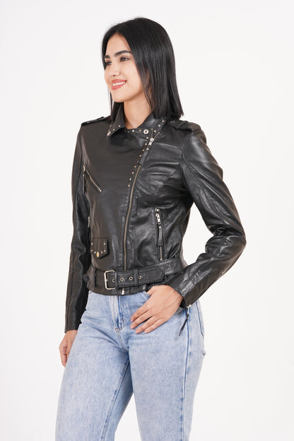 100% Leather Stud Biker Jacket | WX29