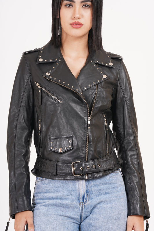 100% Leather Stud Biker Jacket | WX29