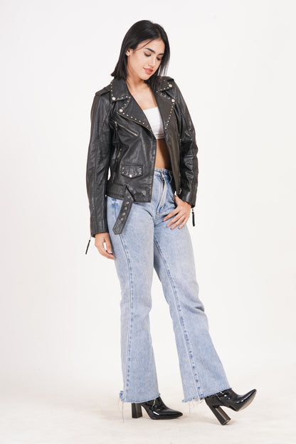 100% Leather Stud Biker Jacket | WX29
