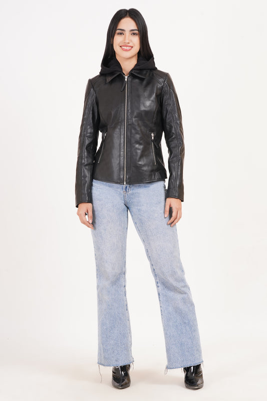 100% Washed Leather Detachable hood Jacket | WX47